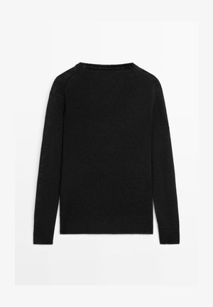 Schwarzer langärmliger Strickpullover mit Rundhalsausschnitt, flachliegend gezeigt, Rückseite sichtbar, mit gerippten Bündchen und Saum.