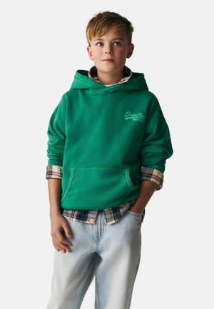 Green hoodie with front pocket, drawstring hood, and logo detail. Underneath, a plaid shirt with blue tones, paired with light blue jeans.