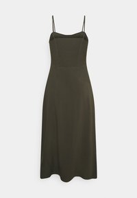 Vestido midi verde oliva con finas tirantes de espagueti y detalle de cuerpo smock, falda fluida y escote cuadrado.