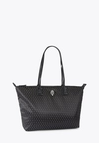 Borsa tote nera in tessuto liscio con pois bianchi. Dotata di manici in pelle nera e di un dettaglio decorativo argentato sul davanti.