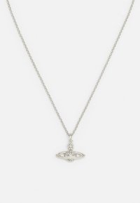 Ezüst lánc nyaklánc apró, részletes gömb medállal, amely kristályokat tartalmaz és gyűrű van a közepén.