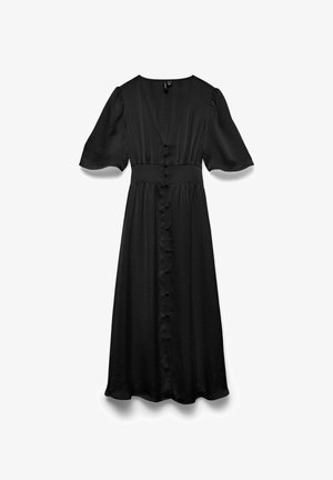 Abito lungo nero in tessuto liscio, con maniche corte svasate, vita aderente e chiusura frontale con bottoni dalla scollatura all'orlo.