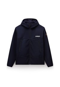 Navy hooded jacket made of smooth fabric, featuring zippered front pockets, logo details, and a relaxed fit with a straight hem.