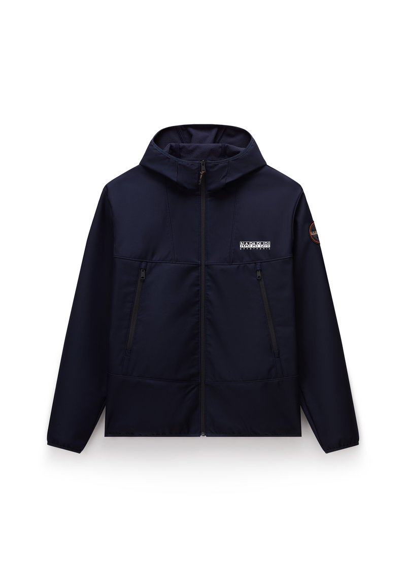 Navy hooded jacket made of smooth fabric, featuring zippered front pockets, logo details, and a relaxed fit with a straight hem.