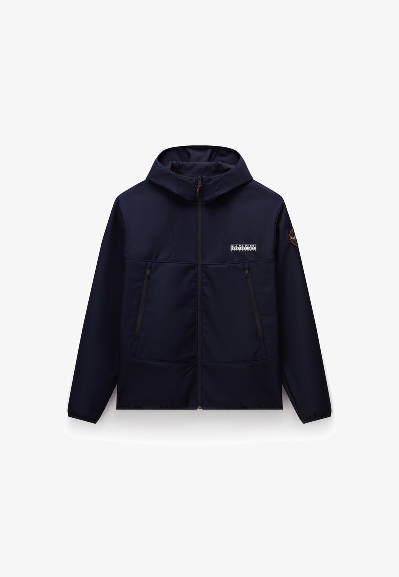 Giacca a cappuccio blu navy in tessuto liscio, con tasche anteriori con zip, dettagli con logo e una vestibilità comoda con orlo dritto.