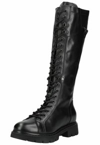 Bottes noires en cuir à lacets, arrivant au genou, avec un bout rond, une surface texturée, une semelle en caoutchouc robuste et des accents décoratifs en métal.