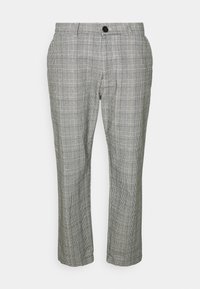 Gray, plaid trousers with a tailored fit, featuring a zip fly, button closure, and side pockets. The fabric has a smooth texture.