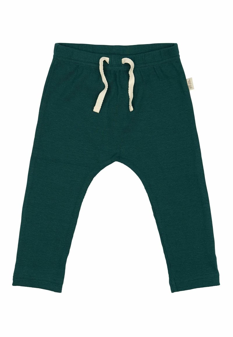 Pantaloni in misto cotone verde con una texture a coste, dotati di un elastico in vita con cordini beige a contrasto e una vestibilità ampia.
