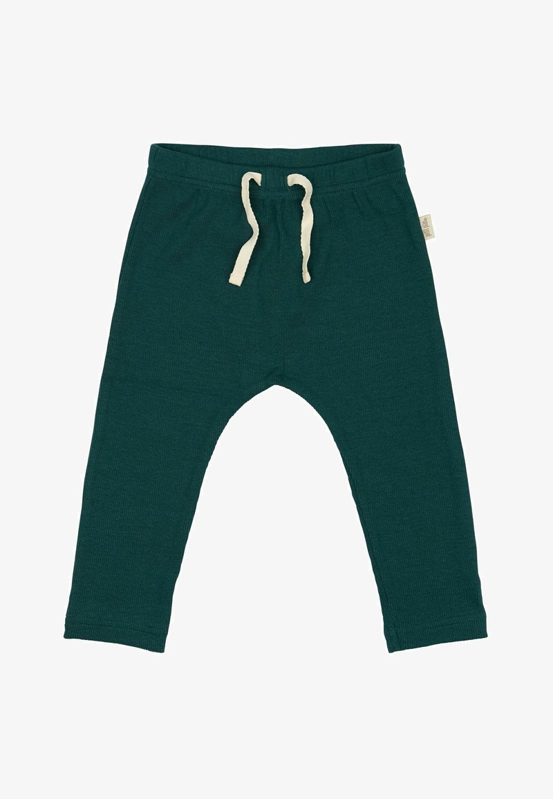 Pantalons en mélange de coton verts avec une texture côtelée, dotés d'une ceinture avec tirants beiges contrastés et d'une coupe décontractée.