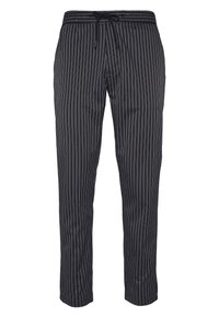 Pantalones negros con finas rayas verticales blancas, cinturilla elástica y cordón negro en la parte delantera, exhibidos sobre un fondo blanco.