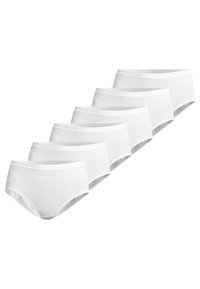 Weiße Baumwollslips im 6er-Pack mit glatter Textur, elastischem Taillenbund und klassischem Slip-Design. Ohne Muster oder Verzierungen.