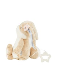 Soft beige and white plush rabbit with floppy ears, pink accents, and a blue striped ribbon. Features a star-shaped attachment with a cord.