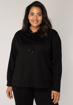 Black hooded sweatshirt with long sleeves, featuring a relaxed fit and adjustable drawstrings. Smooth fabric and minimal design accents.