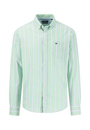 Camicia a maniche lunghe a righe verdi con righe verticali bianche e blu, dotata di taschino sul petto e colletto. Tessuto di cotone texturizzato.