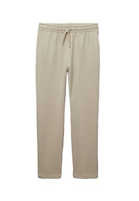 Pantalons de survêtement en coton beige avec une taille élastique, cordon de serrage et jambes droites. Le matériau a une texture lisse et sans motifs visibles.