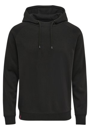 Sweatshirt à capuche noire en tissu doux. Doté d'une poche kangourou, de cordons de serrage, ainsi que de poignets et d'un ourlet côtelés. Design simple et fonctionnel.