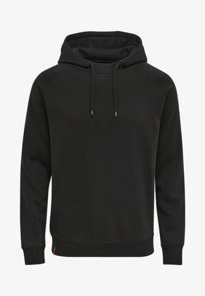 Czarna bluza z kapturem wykonana z miękkiego materiału. Posiada kieszeń kangurzą, sznurki oraz ściągacze na rękawach i hemie. Prosty, funkcjonalny design.