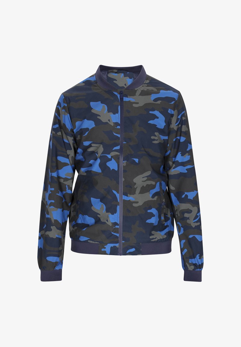 Blauwe en grijze camouflage bomberjack, gemaakt van lichtgewicht stof, met een rits aan de voorkant, ribgebreide kraag, manchetten en zoom.