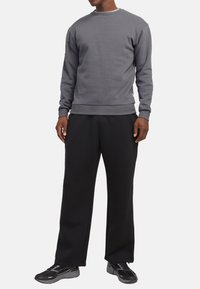 Grijze sweatshirt met ronde hals en geribbelde zoom, gecombineerd met zwarte sweats. Model draagt zwarte sneakers met gestructureerde zolen.
