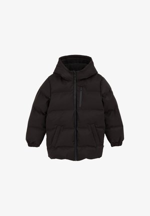 Čierna páperová bunda s kapucňou, s predným zipsom, dvoma bočnými vreckami, elastickými manžetami na rukávoch a štruktúrovaným povrchom.