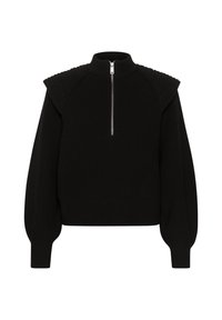 Pull noir en maille avec un col montant, fermeture à demi-zip et détails structurés aux épaules. Comprend des manches ballon et une texture côtelée.