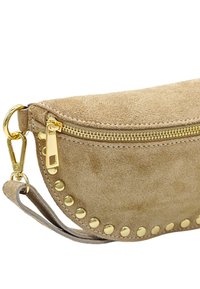 Pochette en daim beige avec une fermeture éclair dorée, des clous dorés le long d'un bord et une bandoulière détachable. Texture douce avec un design arrondi.