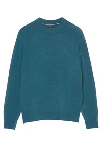 Tyrkysový pletený svetr s kulatým výstřihem, dlouhými rukávy a žebrovanými manžetami. Má jemnou strukturu a malou značkovou nášivku na lemu.