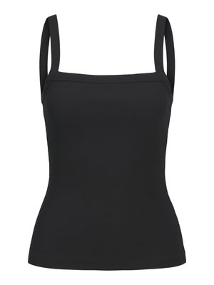 Zwarte geribbelde tanktop met verstelbare bandjes, vierkante halslijn en een aansluitend ontwerp dat het lichaam omarmt, gemaakt van een rekbare stof.