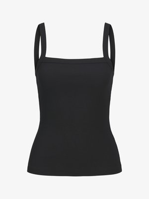 Mustmust sälgiga t-särk, millel on reguleeritavad rihmad, ruudukujuline kaelus ja keha külge sulguv disain, valmistatud venivast kangast.