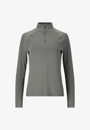 Langarm, hellgraues Sportoberteil mit einem Viertelreißverschluss, aus atmungsaktivem Material gefertigt. Verfügt über genähte Nähte und ein Logo auf der Brust.