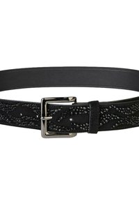 Une ceinture noire présentant un design texturé avec des embellissements noirs, une boucle en métal argenté brillant et un dos en cuir lisse.