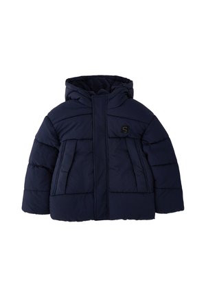 Chaqueta de invierno acolchada azul marino con capucha y dos bolsillos delanteros, diseñada para mantener el calor y para uso exterior.