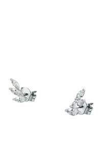 Orecchini a perno in argento con tre gemme trasparenti tagliate a marquise disposte in un motivo a foglia su ciascun orecchino.