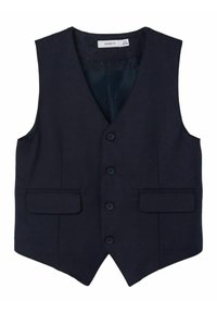 Námořnický modrý vest made of smooth fabric, featuring a V-neck, six buttons, and two front pockets. Edges have a slight curve.