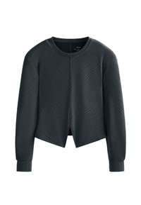 Mørkegrå crop-sweatshirt med diagonale, strukturerede striber, rund halsudskæring og ribbede manchetter. Har en diskret åbning bagpå.
