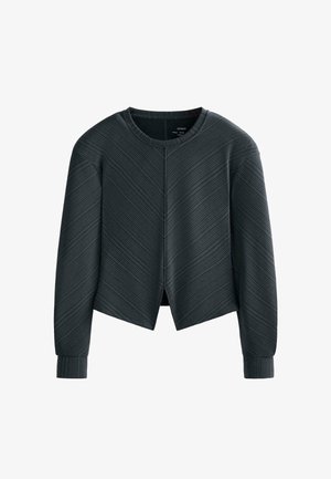 Sweat-shirt court gris foncé avec des rayures diagonales texturées, un col arrondi et des poignets côtelés. Présente une ouverture subtile au dos.
