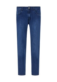 Pantalones de mezclilla azul oscuro, corte recto, que cuentan con cinco bolsillos, pasadores para cinturón y cierre de botón. Textura suave con un ligero efecto lavado.