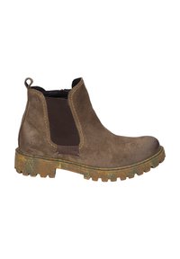 Ruskea mokkasiinipohjainen Chelsea-boot, jossa on elastiset sivupaneelit, teksturoitu kumipohja ja takaosassa vetonauha helppoa pukemista varten.