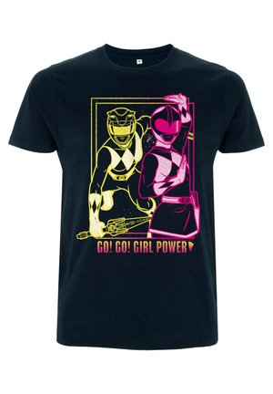 Black cotton T-shirt featuring a graphic print of two superheroes in yellow and pink. Text reads "GO! GO! GIRL POWER!" in bold letters.