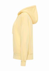 Svetložltá mikina s dlhými rukávmi, rebrovanými manžetami a lemom, s kapucňou na šnúrku, zobrazená z boku na bielom pozadí.