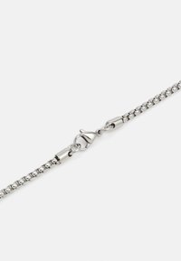 Collana in metallo argento con chiusura a gancio, anelli lisci e una finitura lucida costante.