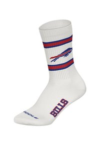 Biała skarpeta załogowa z niebieskimi i czerwonymi poziomymi paskami. Posiada niebiesko-czerwone logo po boku oraz napis "BILLS" na czerwono na palcach.