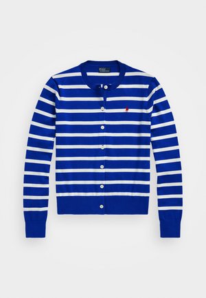 Blue striped cardigan with white horizontal stripes, round neckline, button closure, and small red logo detail on the left chest.