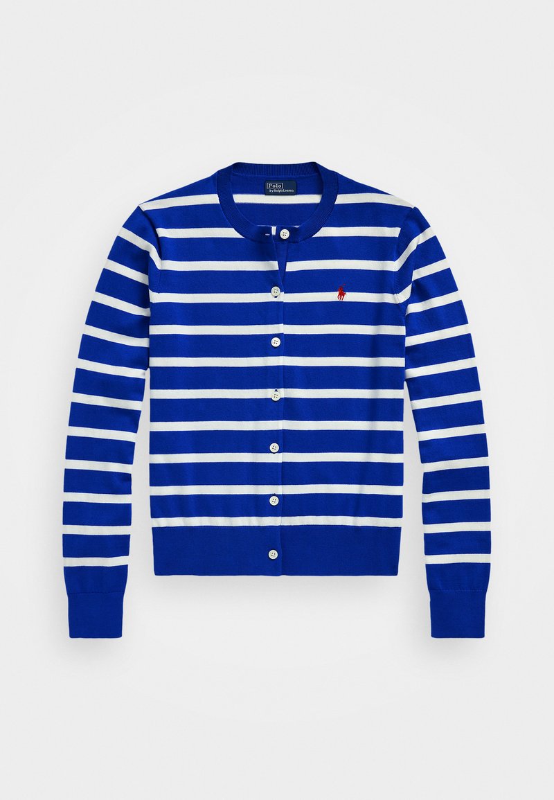 Modrý pruhovaný cardigan s bielymi horizontálnymi pruhmi, okrúhlym výstrihom, zapínaním na gombíky a malým červeným logom na ľavej hrudi.