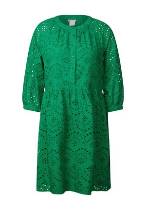 Zielona, sukienka do kolan wykonana z bawełny, z haftowanymi oczkami, okrągłym dekoltem, zapięciem na guziki z przodu oraz długimi rękawami z elastycznymi mankietami.