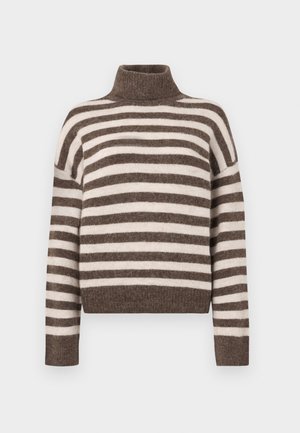 Rö stripes with cream and brown colors, valmistatud pehmest materjalist. Omab ribakujulist krae ja laiu, allapoole kukkunud õlgu.