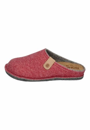 Red felt slipper with a soft gray outsole, featuring a leather accent label. Closed back design with a smooth, textured surface.