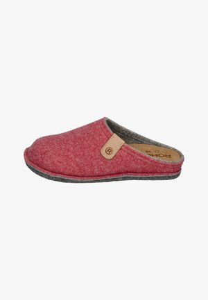 Pantofole in feltro rosso con suola grigia morbida, dotate di un'etichetta in pelle. Design con chiusura posteriore e superficie liscia e strutturata.