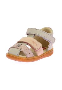 Sandali aperti per bambini in pelle beige e rosa, dotati di cinturini regolabili e suola in gomma texture.