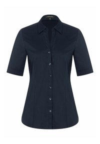 Navyblaues Kurzarmblusenshirt mit Kragen, vorderer Knopföffnung und glattem, leicht strukturiertem Stoff. Hat eine taillierte Silhouette.